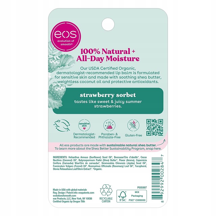 Naturalny balsam do ust Eos sorbet truskawkowy.