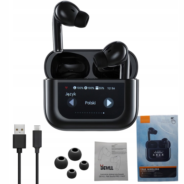 Słuchawki Bezprzewodowe Douszne PRO Lekkie ANC Mikrofon Czarne Wyświetlacz