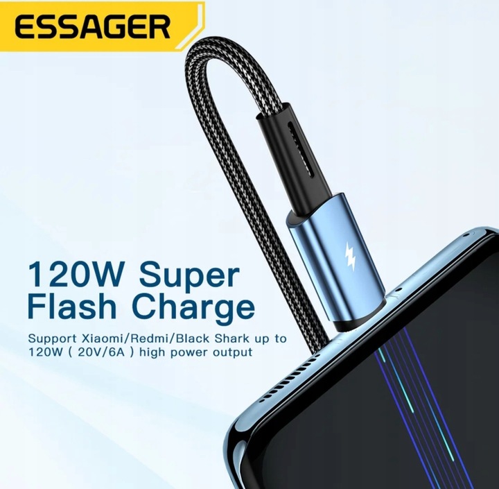 Kabel 2 metry czarny Essager USB A do USB-C 6A SZYBKIE ŁADOWANIE 120W 6A 2M
