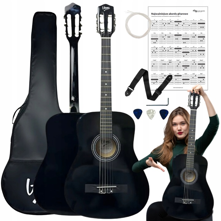 GITARA KLASYCZNA 4/4 DLA POCZĄTKUJĄCYCH DO NAUKI ZESTAW KOSTKI POKROWIEC