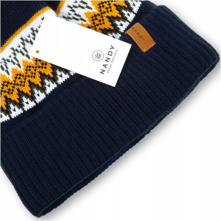 NANDY Czapka Męska z Pomponem Ocieplana Polarem Ciepła Wzór Zimowa