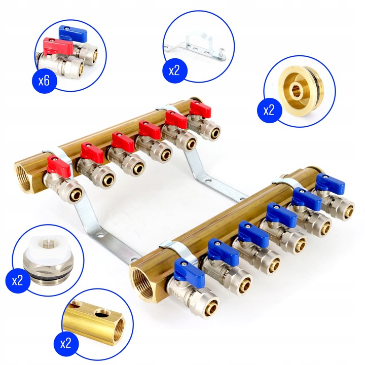 Rozdzielacz C.O. 6 obwodów zaworki PEX odpowietrzniki DO GRZEJNIKÓW