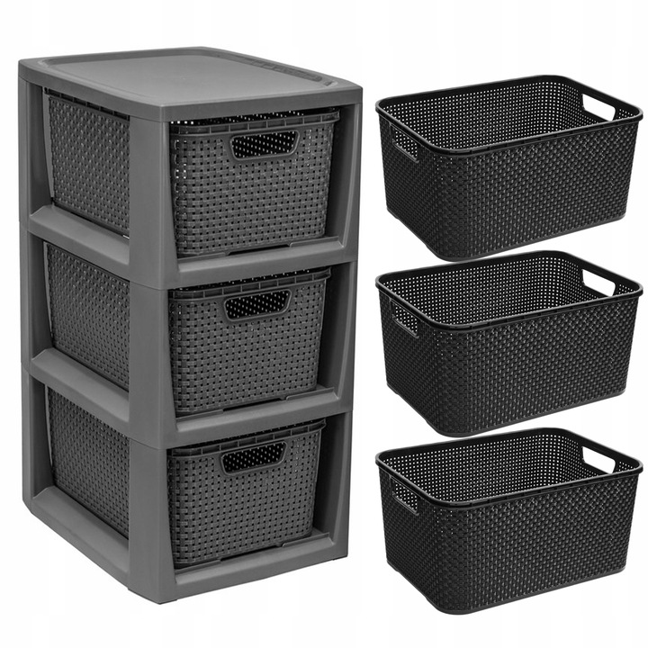 REGAŁ KOMODA SZAFKA PÓŁKA Z 3 KOSZAMI RATTAN BRANQ