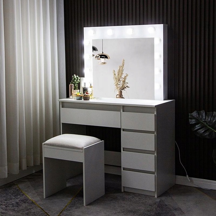 TOALETKA KOSMETYCZNA BIAŁA Reha M z OŚWIETLENIEM Z LUSTREM LED TABORETEM