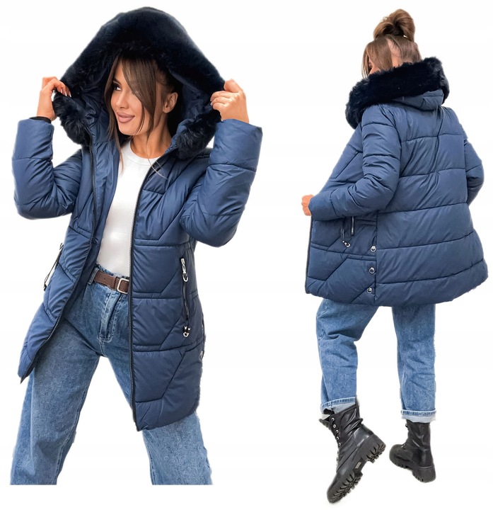 Ciepła zimowa długa kurtka damska pikowana granat 8377 roz S