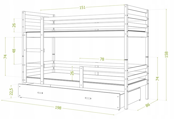 Łóżko piętrowe 190x80 szuflada + materace JACEK