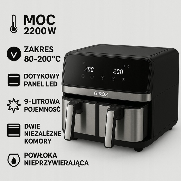 FRYTKOWNICA BEZTŁUSZCZOWA DWUKOMOROWA 9L AIR FRYER 2200W 10 PROGRAMÓW