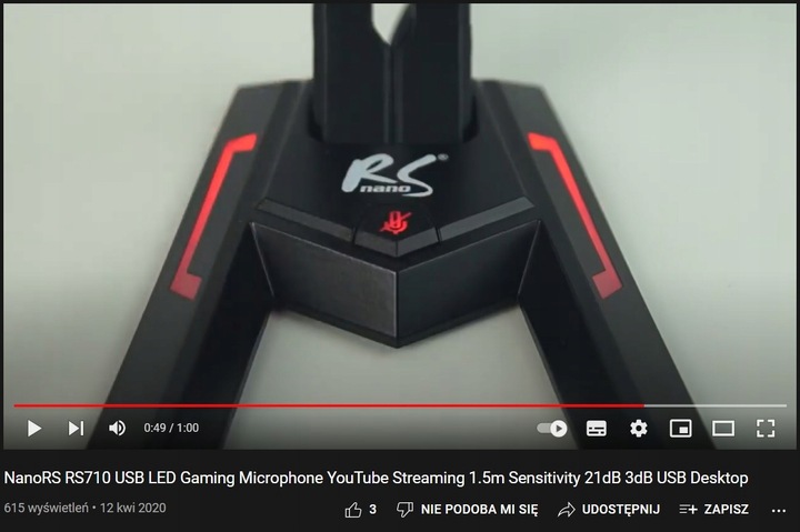 Mikrofon gamingowy do komputera USB LED streaming NanoRS RS710 regulowany