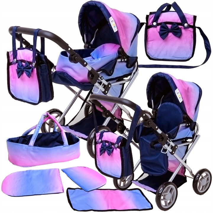 Wózek dla lalek 3w1 GONDOLA + SPACERÓWKA pościel torba przewijak dla lali