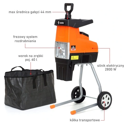 Rozdrabniacz do gałęzi, Rębak frezowy 2800W + Kosz