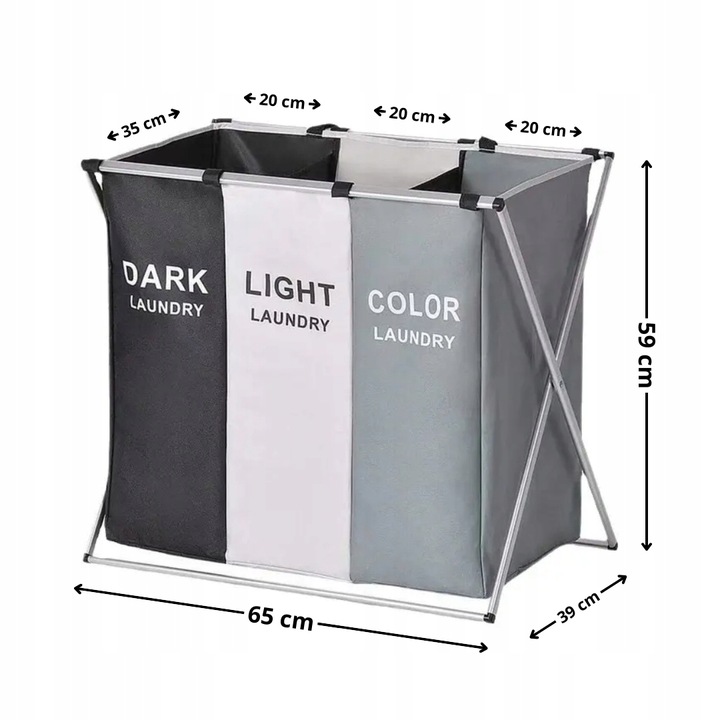 TRZYKOMOROWY KOSZ NA PRANIE DUŻY WOLNOSTOJĄCY ORGANIZER XXL