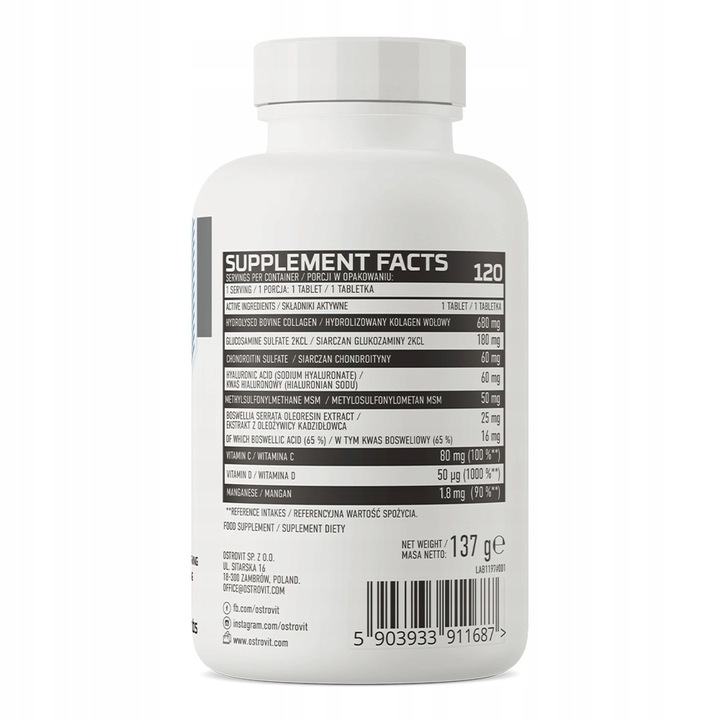 OstroVit Flex Regen 120 tab KOMPLEKS NA STAWY KOLAGEN MSM Glukozamina Wit C