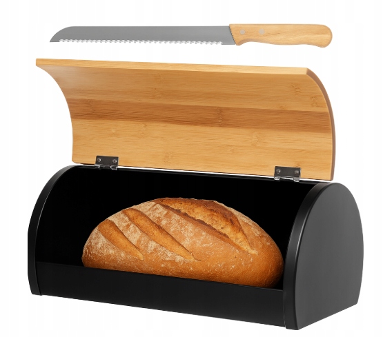 CHLEBAK NA PIECZYWO BUŁKI CHLEB POJEMNIK CZARNY BAMBUS DUŻY + NÓŻ