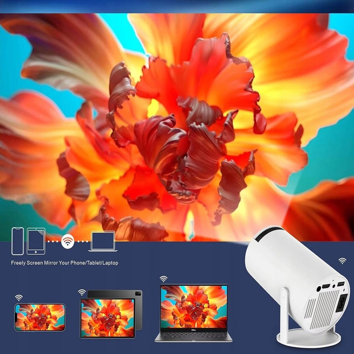 PROJEKTOR RZUTNIK ANDROID TV WIFI MINI 4K PRZENOŚNY SMART GŁOŚNIK OBROTOWY