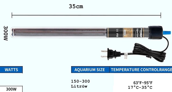 GRZAŁKA DO AKWARIUM 300W Z TERMONSTATEM + TERMOMETR LCD 150-300 LITRÓW