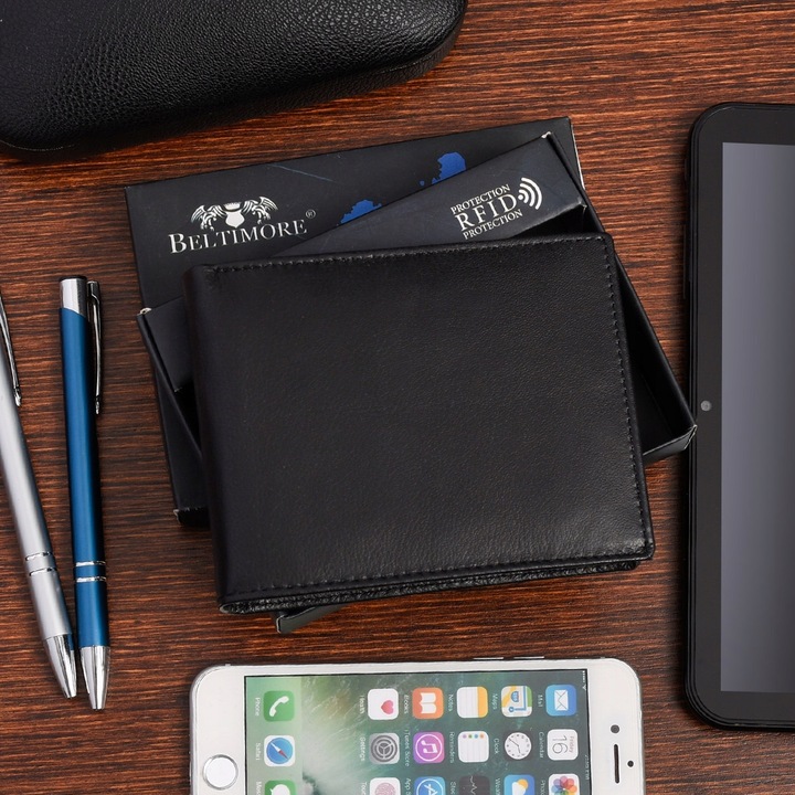 Zestaw prezentowy męski skórzany pasek portfel czarny pudełko