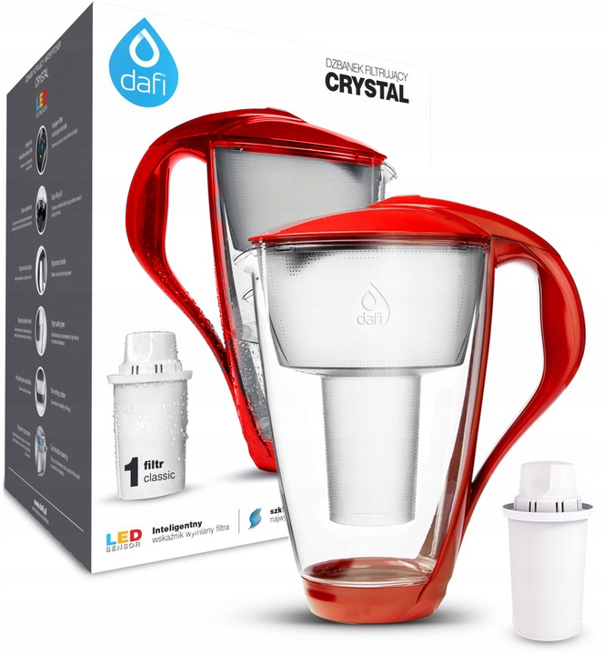 Dzbanek filtrujący szklany Dafi Crystal LED CZERWONY + 1 filtr Classic