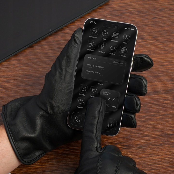 Rękawiczki skórzane męskie klasyczne DOTYKOWE z polarkiem miś