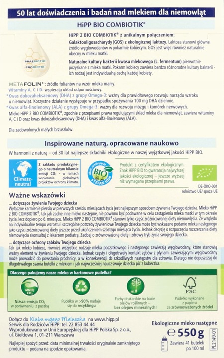 Mleko HIPP 2 BIO COMBIOTIK Mleko następne dla niemowląt po 6 miesiącu 550g
