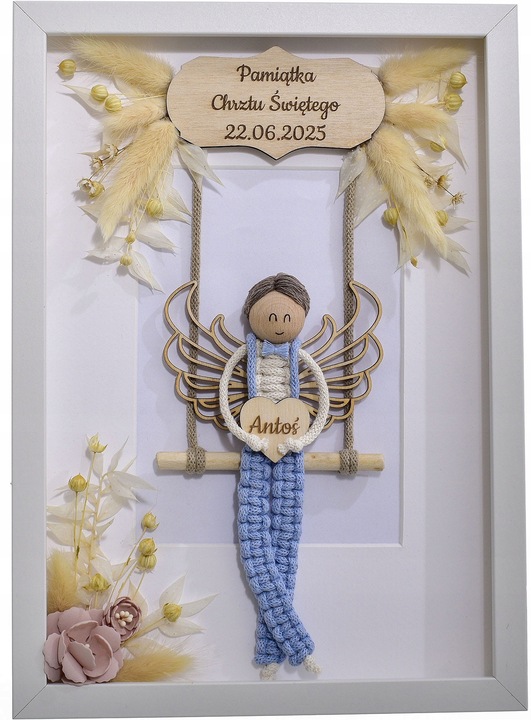 MAKRAMA RAMKA ANIOŁ PREZENT PAMIĄTKA CHRZTU ŚWIĘTEGO KOMUNII ŚWIĘTEJ
