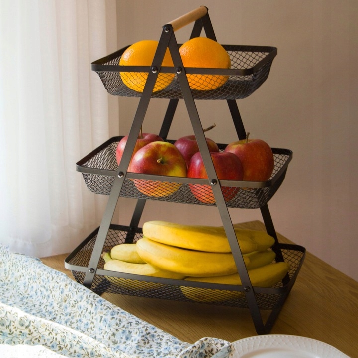 PATERA KOSZYK KOSZ TRZY POZIOMOWY NA OWOCE WARZYWA METALOWY CZARNY