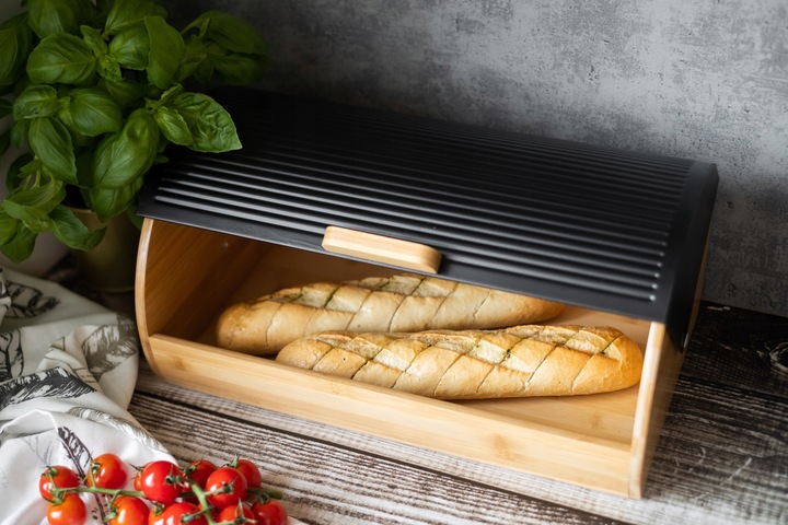 CHLEBAK NA CHLEB BUŁKI PIECZYWO POJEMNIK CZARNY BAMBUS DUŻY NÓŻ DO