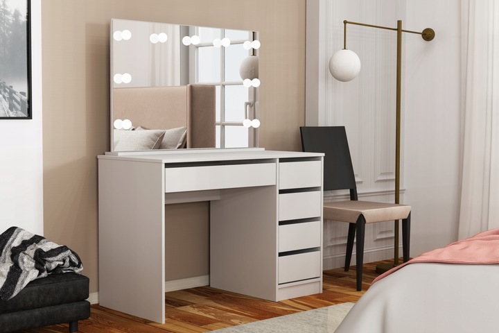 Toaletka do sypialni lustro oświetlenie LED szuflady biała GREGORY BIS