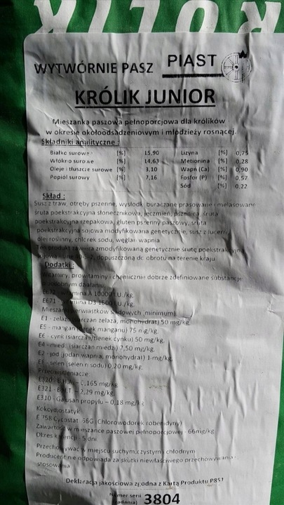 Piast, pasza Królik Junior, 25 kg