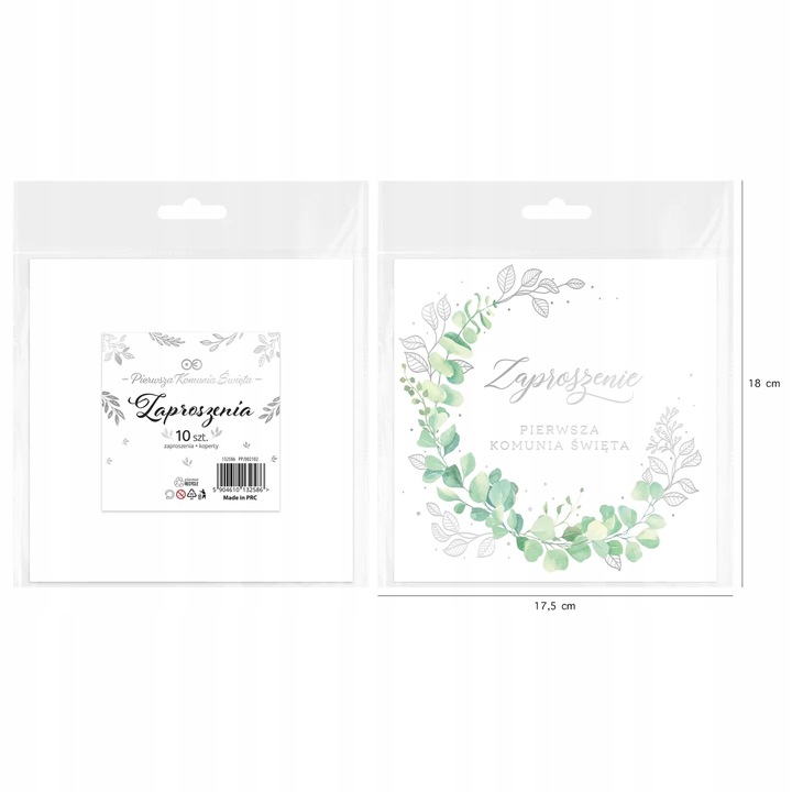 ZAPROSZENIA NA KOMUNIE komunijne + KOPERTY białe eukaliptus dla gości 10szt