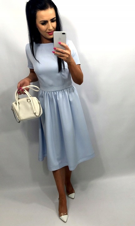 Sukienki Damskie Komunię Chrzciny Wesele Sukienka Elegancka Midi Błękit S