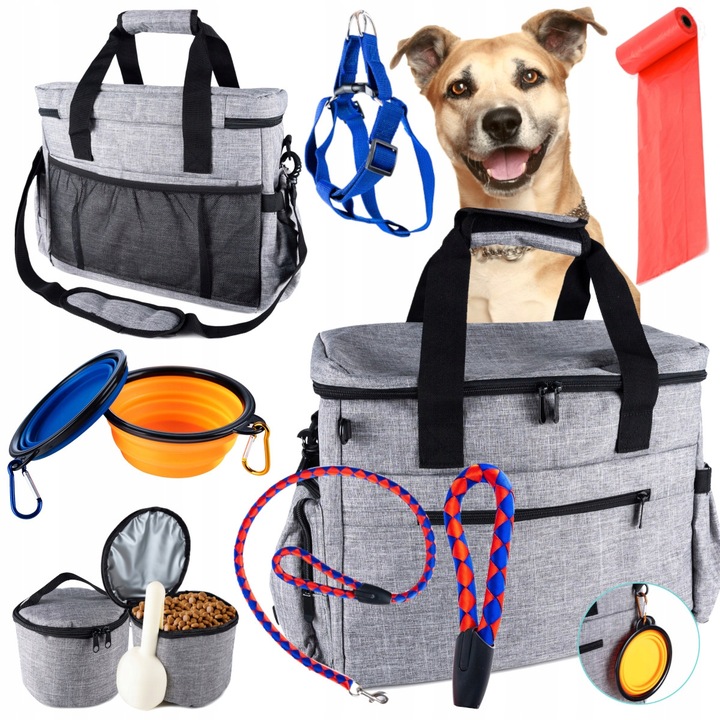 Torba podróżna dla psa miski pojemniki smycz worki