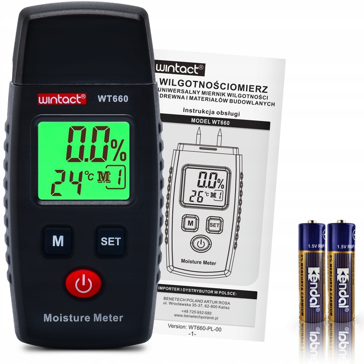 WILGOTNOŚCIOMIERZ MIERNIK WILGOTNOŚCI DREWNA BETONU CEGŁY GIPSU TYNK LCD