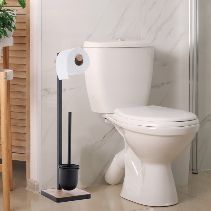 Stojak uchwyt na papier toaletowy i szczotkę do WC czarny loft bambus
