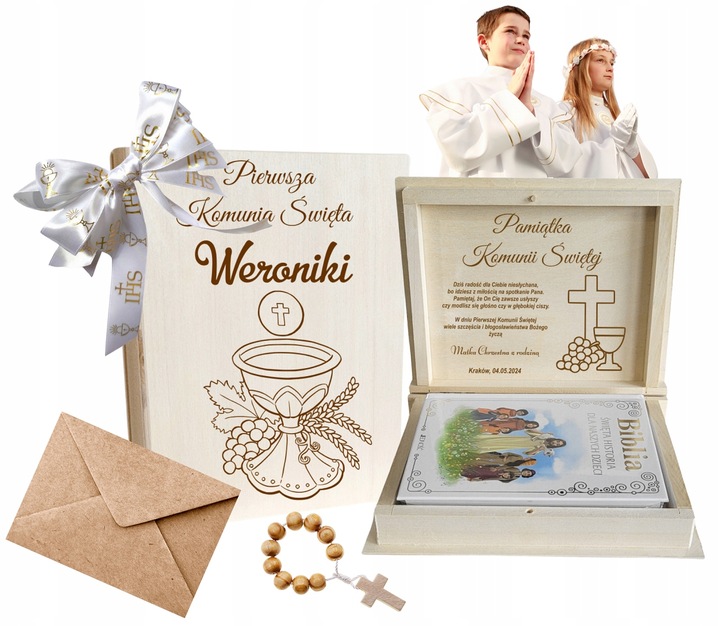 Biblia Pismo Święte Pamiątka Komunii PREZENT na Komunię + Grawer w pudełku