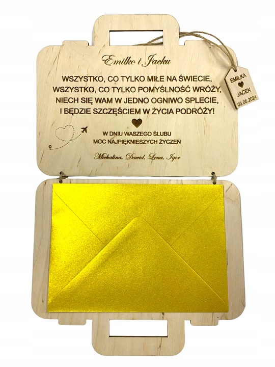 Kartka Na Ślub Ślubna Drewniana kartka Grawer walizka