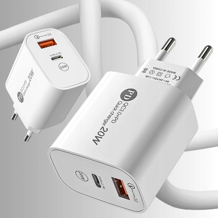 ZESTAW | SZYBKA ŁADOWARKA SIECIOWA USB TYPE-C + KABEL TYPE C | PD20W 3000mA