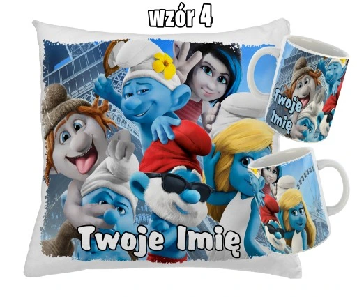Zestaw SMERFY KUBEK + PODUSZKA RÓŻNE WZORY + IMIĘ UNIKALNY WYJĄTKOWY