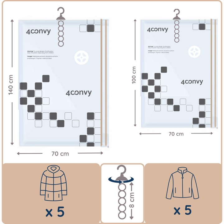 4CONVY 4x Wiszący worek próżniowy na ubrania z wieszakiem 70x140 i