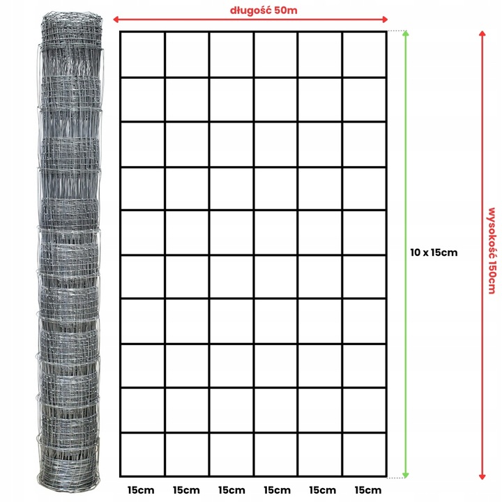 SIATKA LEŚNA 150/11/15 L - rolka 50m OCYNKOWANA do pola sady lasy