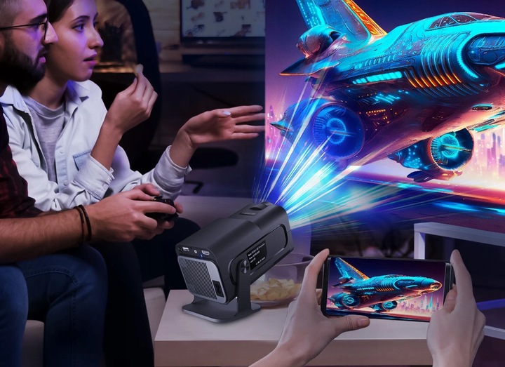 PROJEKTOR RZUTNIK ANDROID TV WIFI FULL HD PRZENOŚNY SMART GŁOŚNIK OBROTOWY