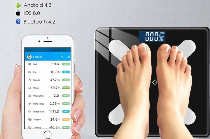 WAGA ŁAZIENKOWA ANALITYCZNA 180KG SMART 25w1 BLUETOOTH APLIKACJA + BATERIE