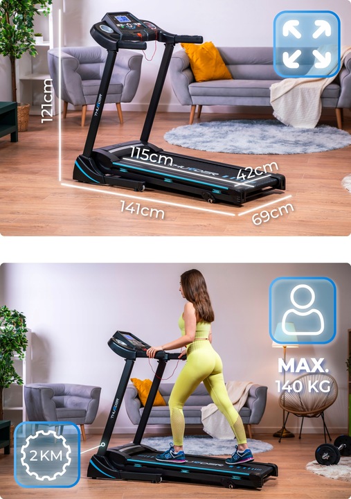 Bieżnia składana elektryczna domowa 140kg aplikacja amortyzacja mocna