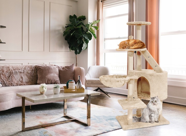 DRAPAK DLA KOTA WIEŻA LEGOWISKO DOMEK Z ZABAWKAMI BEŻOWY DUŻY XXL 120 cm