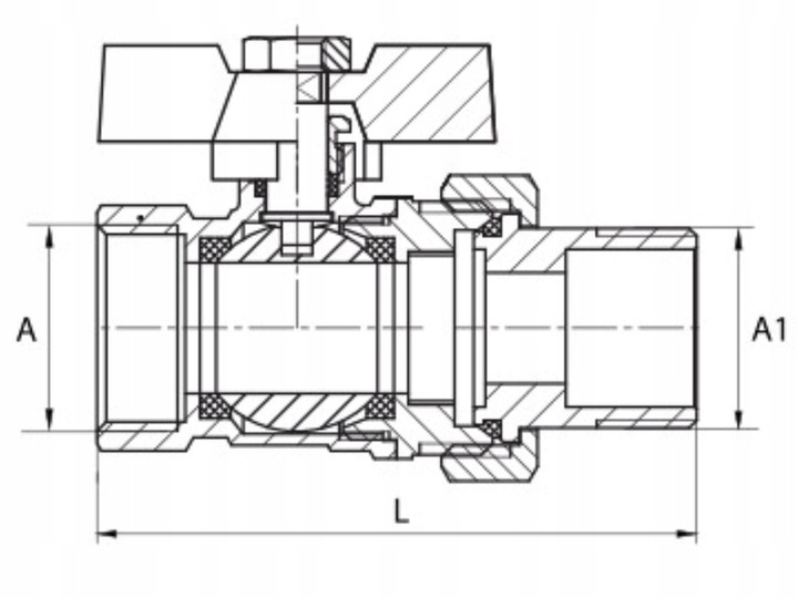Zawór kulowy mosiężny 1" PN20 DN25 ze śrubunkiem dławik motylek