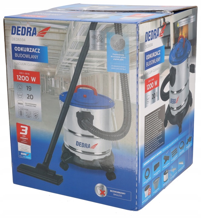 ODKURZACZ PRZEMYSŁOWY DEDRA 1200W 20L Gips Gruz Popiół Dmuchawa