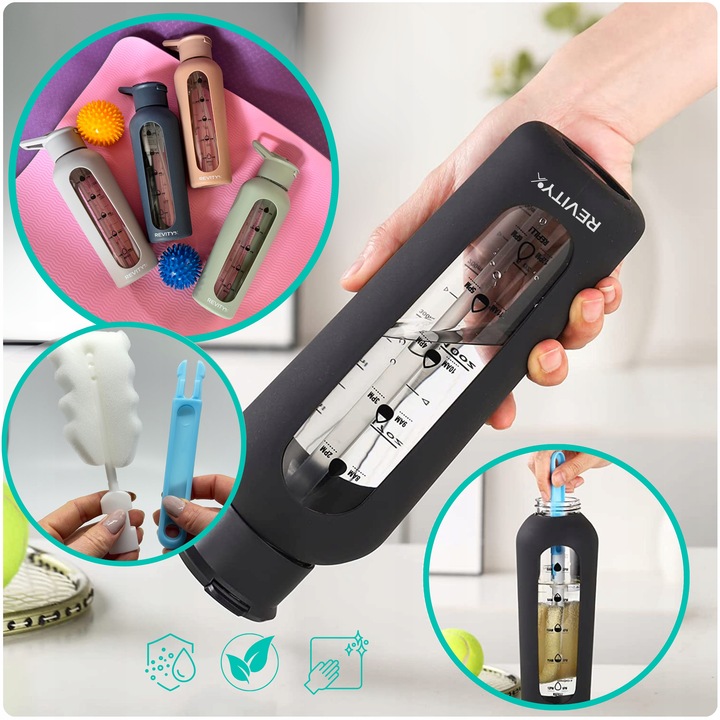 SZKLANA BUTELKA NA WODĘ BIDON SHAKER Z MIARKĄ I DZIUBKIEM SILIKONOWE ETUI