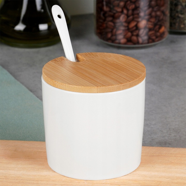 Cukierniczka CERAMICZNA BAMBUSOWA biała pojemnik na cukier z łyżeczką
