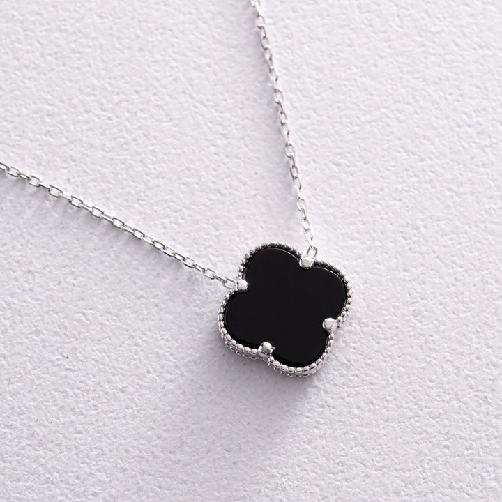 SREBRNY Naszyjnik Damski Łańcuszek SREBRO pr. 925 Koniczynka ONYKS + GRATIS