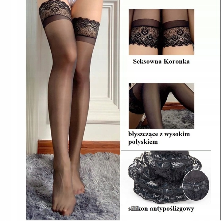 POŃCZOCHY SAMONOŚNE CZARNE KORONKA SEKSOWNE POŁYSK