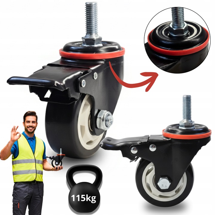 OBROTOWE KÓŁKO 75mm Z HAMULCEM do 460kg TRZPIEŃ Gwint M12x30mm 1szt